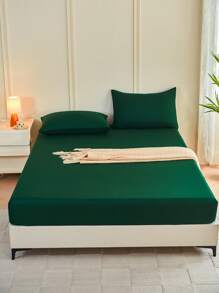 1 pieza Sábana ajustada de color verde oscuro, protector de colchón, funda de colchón para cama, sábana, suave y transpirable, para cama de todos los tamaños - Twin, Full, King, Queen con bolsillo profundo de hasta 30 cm. Textil para el hogar