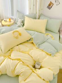 Bộ 3 món chăn ga trải giường ký túc xá màu vàng nhạt và xanh lá cây nhạt, 1 vỏ chăn, 2 vỏ gối, có thể giặt bằng máy, không có ruột - Vàng nhạt - Xem 8