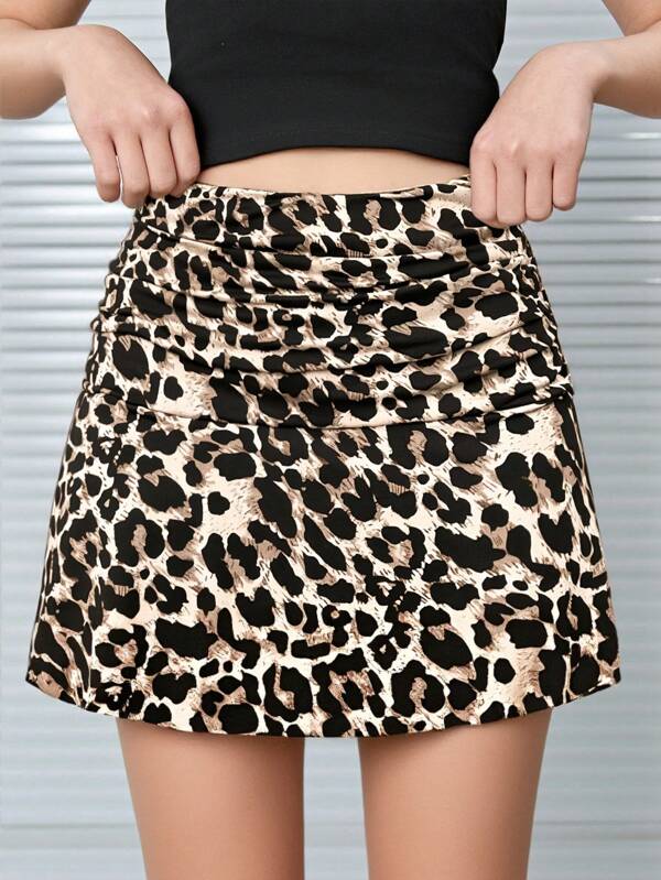 SHEIN Tween Girl Casual Street Chic Knit Leopard Print Ruched Snug Fit Leopard Print Lining Shorts Skirt