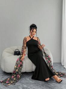 Modelyn Elegant Knit Contrast Mesh Embroidery Extra Long Sleeve Fitted Dress, Plus Size, Spring & Summer - Multicolor - View 3