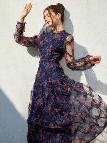 Aveloria Rosie Elegant French Texture Flower Embroidery Long Sleeve Dress, Fitted Waist Flared Hemline, Luxury Vibe, Spring All Over Floral Print For Spring Fall - Navy Blue - View 1