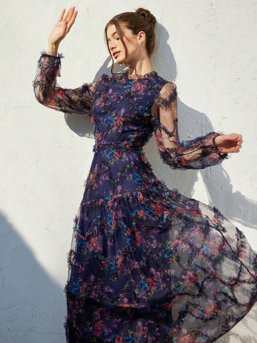 Aveloria Rosie Elegant French Texture Flower Embroidery Long Sleeve Dress, Fitted Waist Flared Hemline, Luxury Vibe, Spring All Over Floral Print For Spring Fall - Navy Blue - View 1