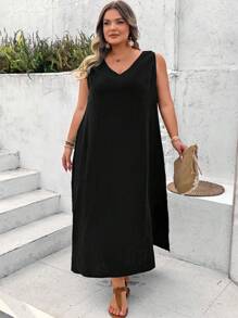 SHEIN CURVE+ Plus Size Washed Cotton Lace Back Long Black Dress Boho Vacation