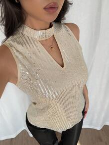 Chiquease 欧美轻奢无袖重磅亮片闪亮上衣女性感衬衫 - 杏色 - 查看 5