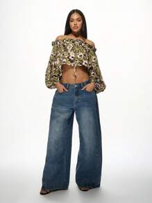 MISSGUIDED 露肩短款上衣，扎染印花迷彩图案，泡泡袖，一字领，夏季节日波西米亚休闲风，弹性领口，街头风，圣诞节