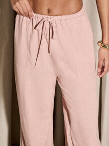 AiiRZ Luxury Linen Wide Leg Palazzo Pants Drawstring Waist Resort Wear Vacation Beach Lounge Flowing Summer Casual Trousers With Pockets - Pink - View 4