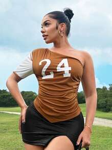 Zolique Foxxy 女式不对称肩部褶皱腰身性感印花 T 恤 - 彩色 - 查看 1