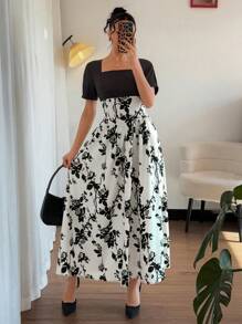 Chiquease Váy chữ A in hoa thanh lịch ôm gọn eo cho nữ - Đen và trắng - Xem 4