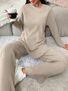 SHEIN PETITE Petite Women Casual Cotton Drop Shoulder Split Hem Tee & Pants - Beige - View 5