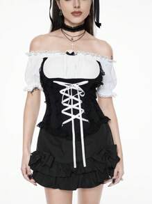 ROMWE Goth Off-Shoulder Puff Sleeve Form-Fitting Lace Splice Mock-Layer Top - Black - View 6