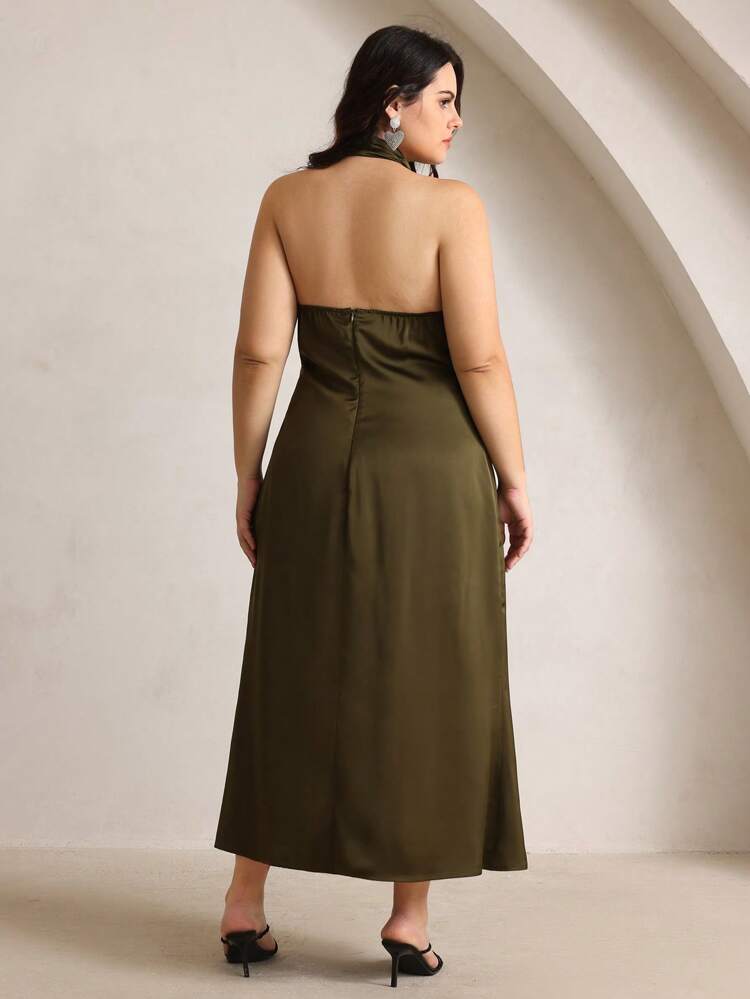 Deep Green Plus Size Sleeveless Dress, Urban Elegant Lightweight Evening Gown, Sexy Cinched Waist Modest Backless Summer Outfits For Women
