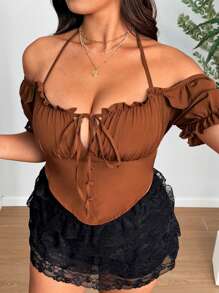 SHEIN LUNE Plus-Size Women's Bow V-Neck Sexy One-Shoulder New Year Top - Brown - View 6