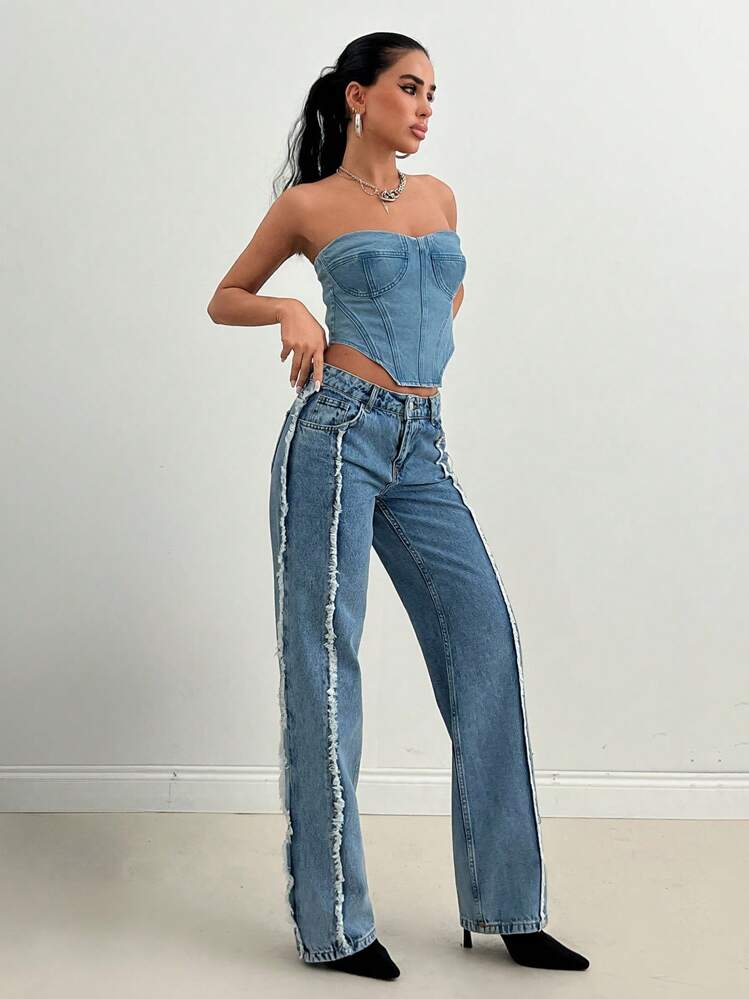 EURMUSE WOMEN STRAIGHT LOW WAIST JEANS - Medium Wash - View 5