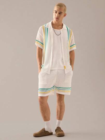 SWAVVY Men's Knitted Casual 2 Pieces Set: Loose Short Sleeve Shirt & Elastic Waist Straight Shorts, Sweater Style, For Fall Winter