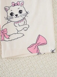 2 件套 女童杏色可爱小猫和蝴蝶结印花短袖短款上衣和短裤舒适家居服套装 - 杏色 - 查看 4