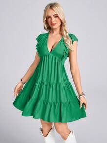 SHEIN LUNE Sea Dress Western Boho Women Short Dresses St Patrick Day Green Ruffle Sleeves Tiered Holiday Ladies Short Dress - Green - View 4