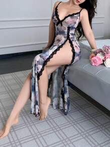 Napfluff Váy ngủ lưới hở xẻ gợi cảm họa tiết hoa viền ren cho nữ - Nhiều màu - Xem 4