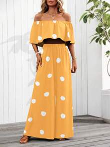 SHEIN Clasi 2pcs/Set Off-The-Shoulder Polka Dot Print Cropped Top And Wide-Leg Pants - Yellow - View 5