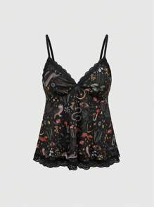ROMWE Fairycore 假日海滩和夏季音乐节哥特女孩可爱嬉皮狐狸、兔子、植物、蘑菇印花蕾丝吊带背心女士 - 黑色 - 查看 1