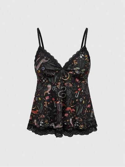 Fairycore Holiday Beach & Summer Music Festival Gothic Girl Cute Hippie Fox, Rabbit, Plant, Mushroom Printed Lace Camisole For Women