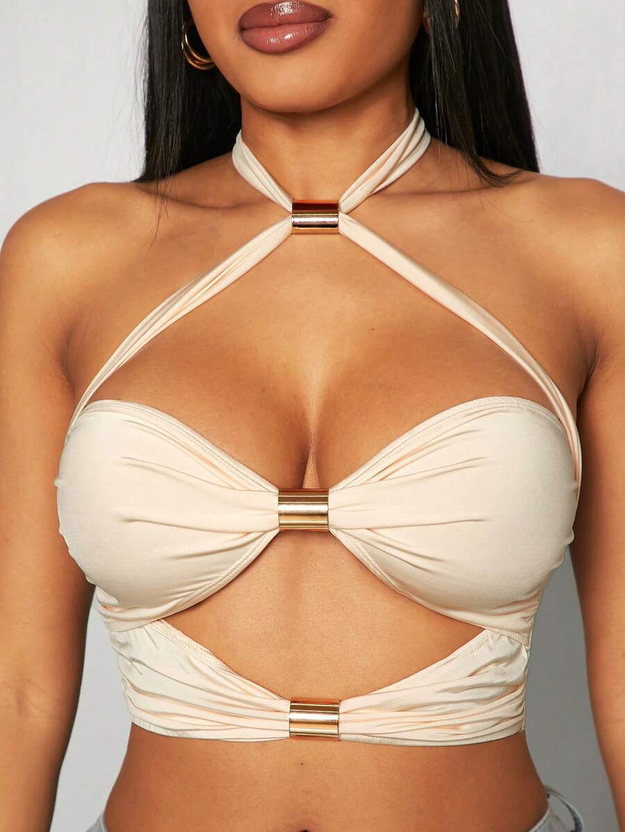 SHEIN SXY Spring And Summer Solid Apricot Sexy Casual Jealous Hollow Halter Vest Metal Decoration Cropped Top Music Festival/Date/Gathering/Party/Birthday/Island Vacation/Holiday Travel Clothing - Apricot - View 1