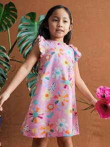 SHEIN Young Girl Pink Floral Ruffle Trim Casual Dress - Multicolor - View 4