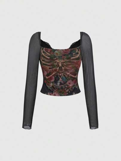 Blouse à manches longues style vintage palais avec crâne et motif floral contrastant avec dentelle pour femme