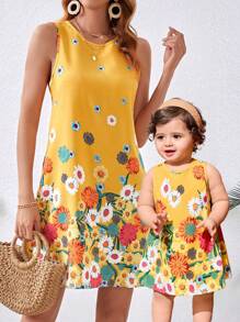 Baby Girl Mommy And Me Matching Outfits (2 Pieces Are Sold Separately)Yellow Summer Cute Floral Print Vacation Dress,For Spring/Summer