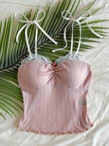 Soleia 针织蕾丝拼布紧身吊带背心 - 粉色 - 查看 4