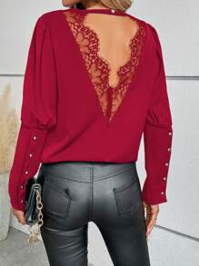 SHEIN Clasi French Elegant Lace Panel Button Design Office Lady Top - Burgundy - View 6