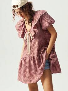 Bohemela 女士纯色拼接短袖褶边休闲短裙 - 黑色 - 查看 3