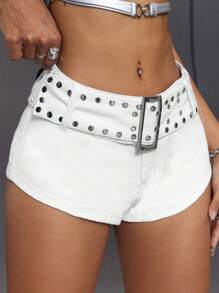 SHEIN ICON Women's Solid Color Simple Fashion Denim Shorts, Casual Everyday Wear - White - View 5