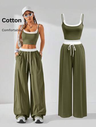 Coolane Women's  Summer Casual Sport Knit Two Fake Pieces  Tank Tops & Sweatpants  Going Out Sets,2pcs,Back To School Clothes