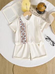 男童衬衫短裤套装（2件套），侧边印花拼接细节，风琴褶设计 - 米色 - 查看 7