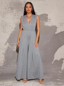 Vixey Deep V Neck Brushed Jersey Wide Leg Jumpsuit - Grey - View 3