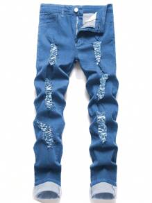 Manfinity Roughcore Men's Ripped Slim Fit Casual Pocket Denim Jeans, Versatile - Light Wash - View 1