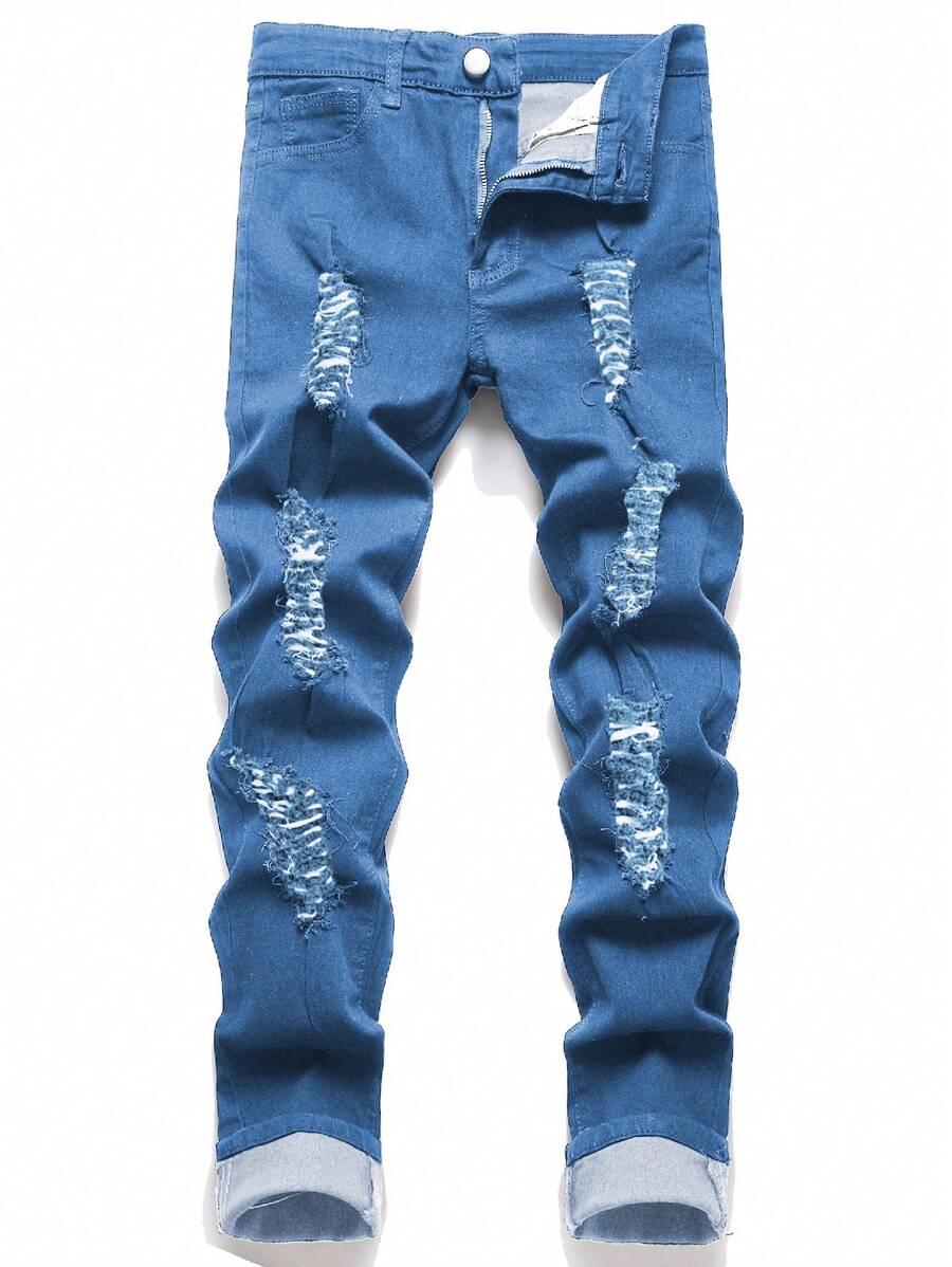 Manfinity Roughcore Men's Ripped Slim Fit Casual Pocket Denim Jeans, Versatile - Light Wash - View 1