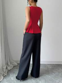Elenzga Best-Selling Solid Color Fabric Button-Down Fitted Sleeveless Top And Contrast Color Pants 2Pcs Set For Women