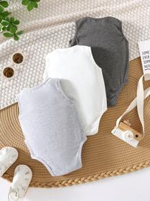 SHEIN Set de 3 piezas de peleles sin mangas de punto suave de cuello redondo de unicolor para recién nacido niño/niña - Gris - Ver 2