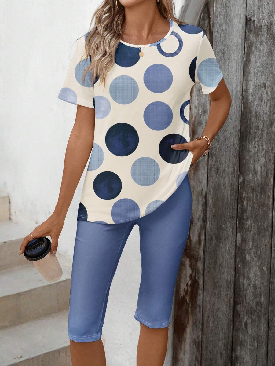 EMERY ROSE 2pcs/Set Women's Casual Minimalist Allover Polka Dot Pattern Outfit, Suitable For Summer - Multicolor - View 1