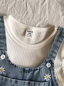SHEIN Baby Girls White And Blue Floral Denim Cami Dress Set,Cute Short-Sleeved Knitted Top&Open Crotch Denim Effect Suit For Autumn Picnic,Spring Summer - Multicolor - View 6