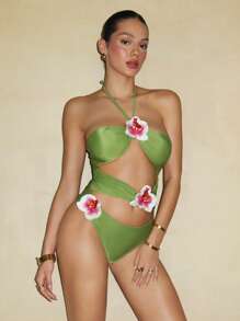 Swim Chiccia Spring Break Women's Beach Wear Summer Outfit, New European Style Solid Color Floral 3D Hollow Neck Beach Vacation One Piece Swimsuit, Festival Boho - Green - View 4