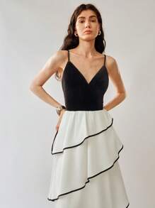 Chiquease Women Velvet Patchwork Contrast Color Tiered Midi Dress