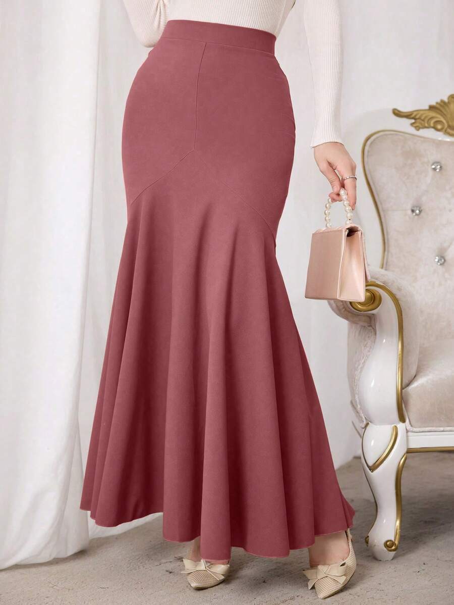 Modelyn 修身高腰鱼尾喇叭女裙 - 粉色 - 查看 1