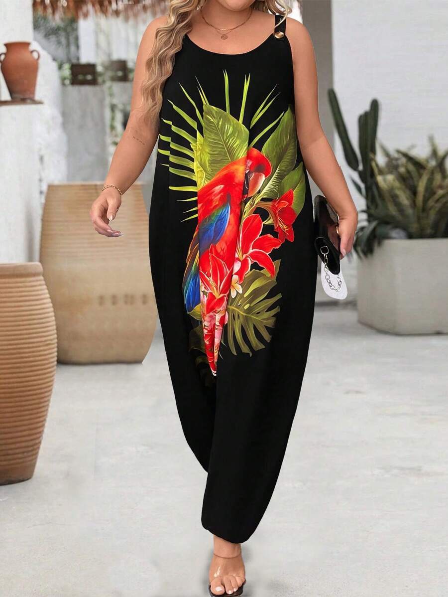 SHEIN LUNE Plus Size Women Casual Low Crotch Sleeveless Parrot Print Jumpsuit For Summer