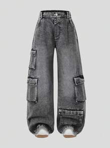 Girls' Street Fashion Casual Versatile Utility Asymmetric Multi-Pocket Washed Gray Loose Straight Leg Jeans, Excluding T-Shirt And Accessories - Grey - View 3