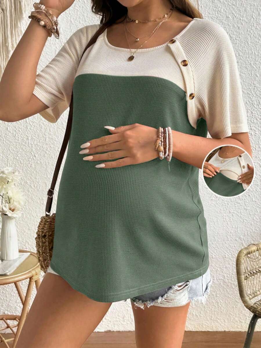SHEIN Women's Simple Colorblock Nursing Top, Everyday Summer - Army Green - View 1