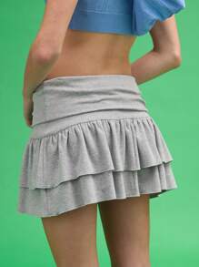 COUREZ 翻边低腰针织荷叶边迷你裙 Y2K 复古 100% 棉 - 灰色 - 查看 3