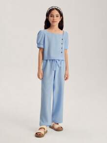 SHEIN Tween Girls Gigot Sleeve Button Decor Blouse And Detachable Belt Long Pants 2 Pieces Set - Blue - View 3