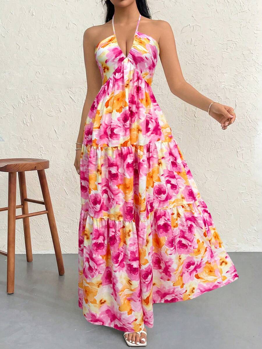 Firerie 全新 V 领分层水彩花卉印花露背系带连衣裙，海军蓝 - 藍色 - 查看 1